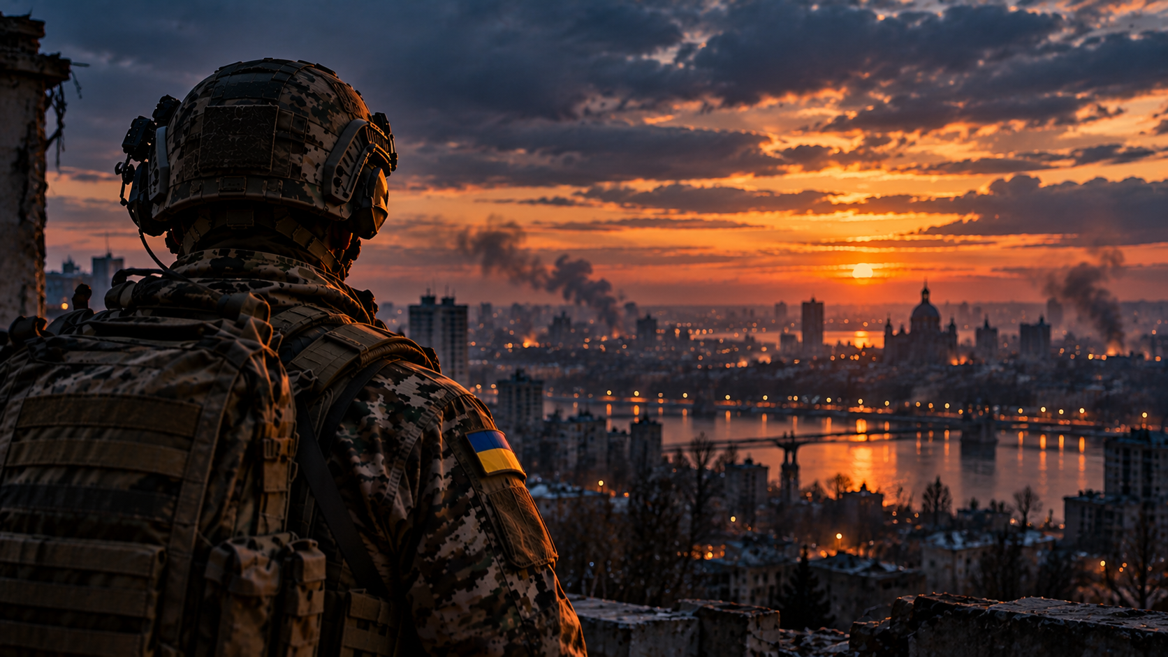 Sfeerbeeld van een Oekraïense militair bij valavond